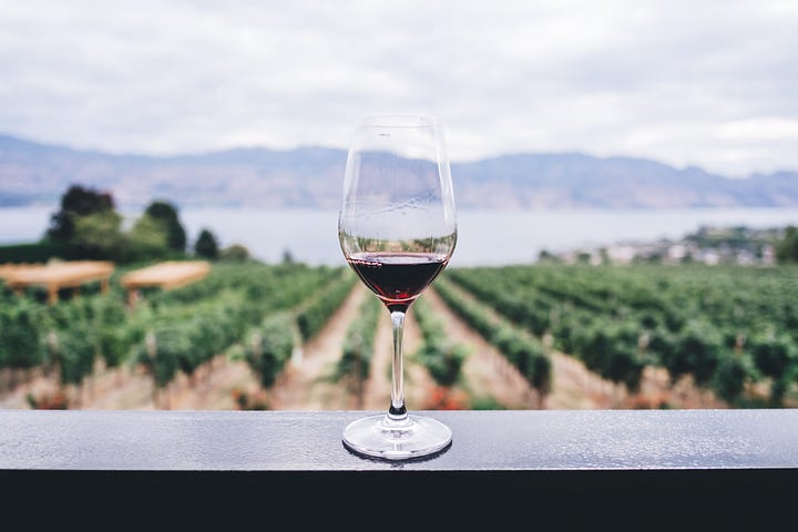 A wine glass is shown on a ledge that overlooks a large beautiful vineyard with a lake in the background. Photo by Kym Ellis on Unsplash