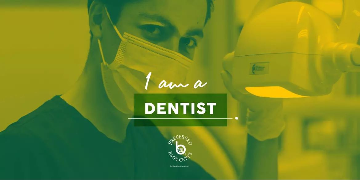 A dentist wears a surgical mask and holds a light used to view patients' teeth while looking at the camera. A caption in the center of the image says "I am a dentist"