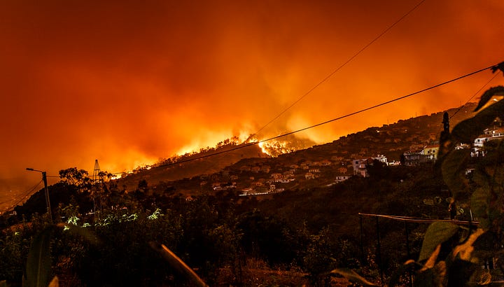 A picture of a conflagration that affected California in 2021. Orange fire is seen for miles and smoke covers the sky. Photo by Michael Held on Unsplash