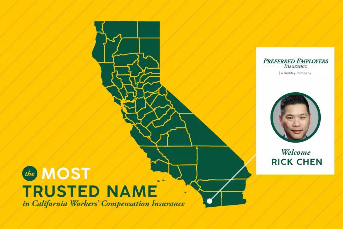 A political map of California is shown with a dot placed on San Diego. Preferred Employers Insurance welcomes Rick Chen to the San Diego branch!