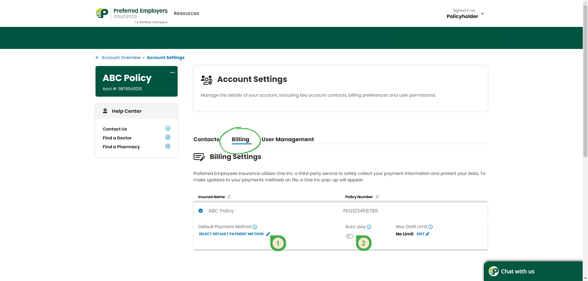 Snapshot of the Billing Toggle in Customer Portal