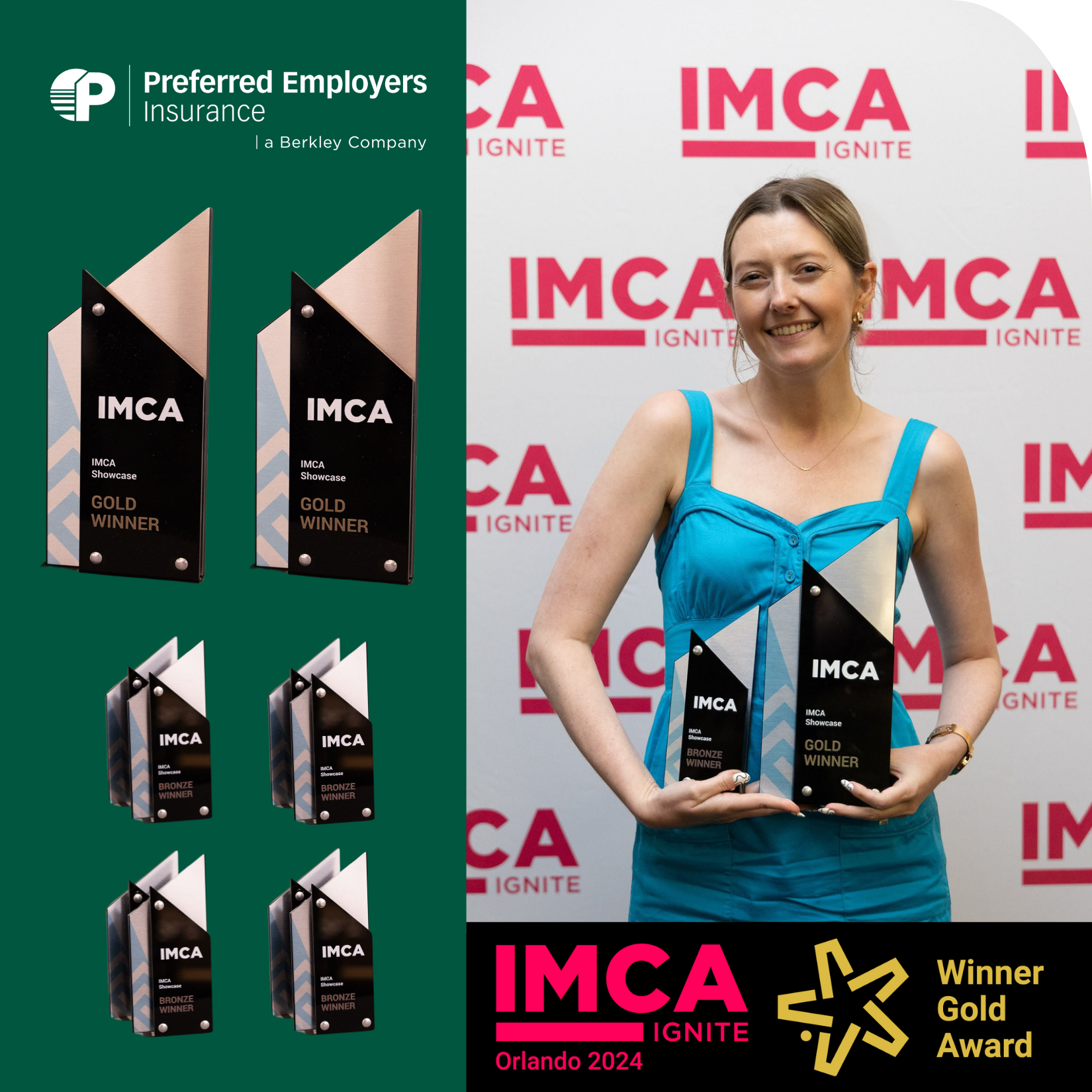Preferred Employers Insurance, a Berkley company specializing in workers compensation insurance in California, has been recognized with six marketing awards, including two GOLD Awards, at the 2024 Insurance Marketing & Communication Association (IMCA) Showcase Awards in Orlando, FL. Photo by CRC Group