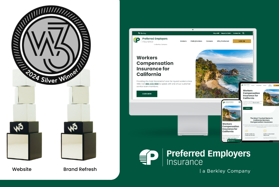 Two Silver w3 Awards next to a Computer mockup of peiwc.com's homepage on a desktop, tablet, and mobile screen.