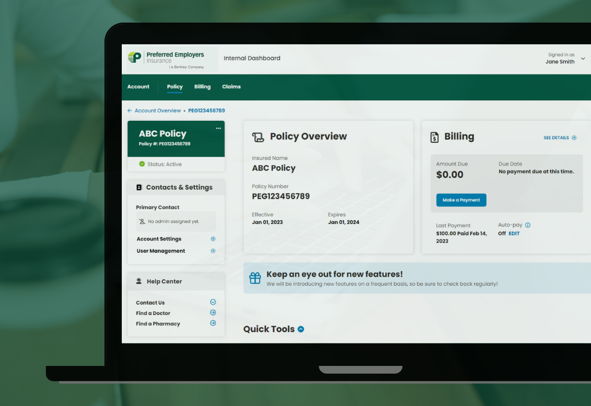 Screenshot of the new online portal dashboard available to Preferred's policyholders
