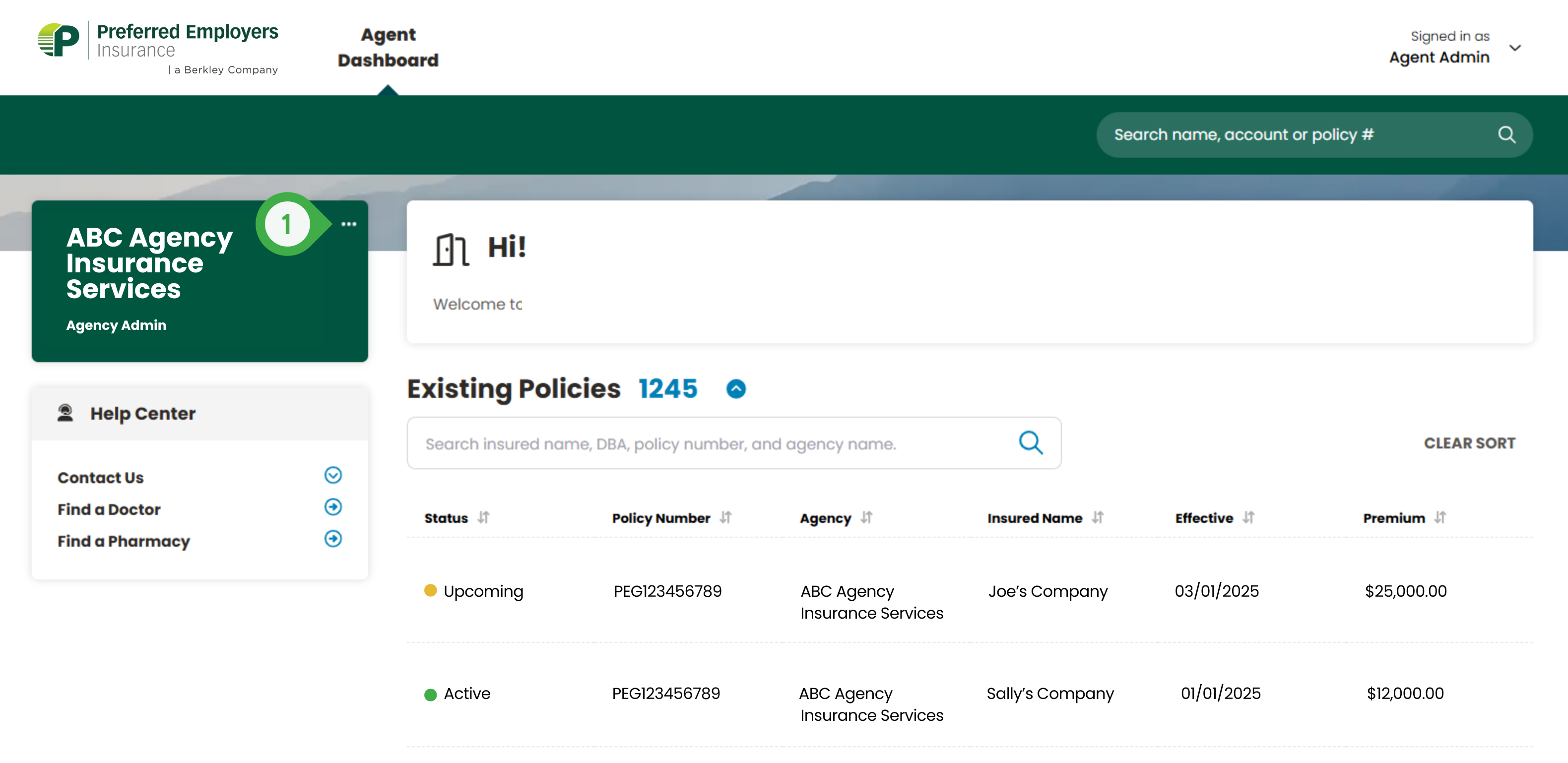 Snapshot of the Agent Dashboard