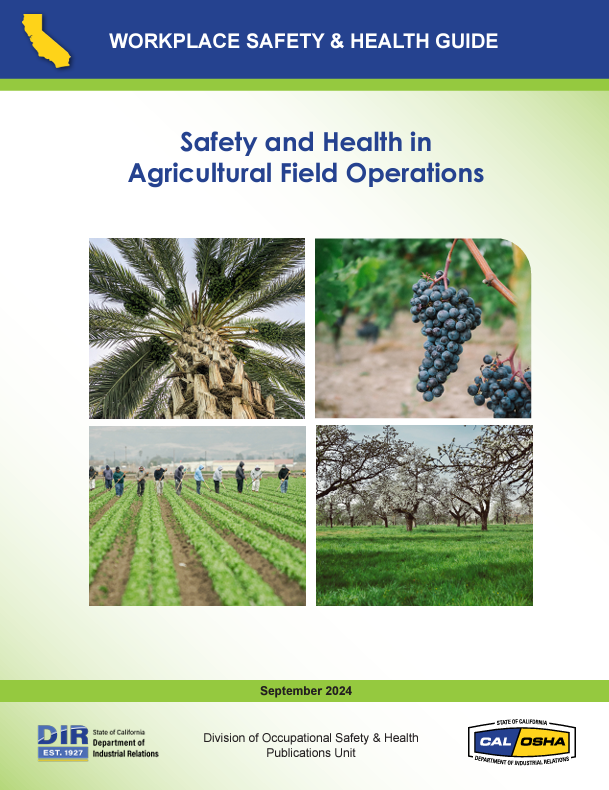 Cover of the Sept 2024 Safety and Health in Agricultural Field Operations Guide featuring four agricultural images